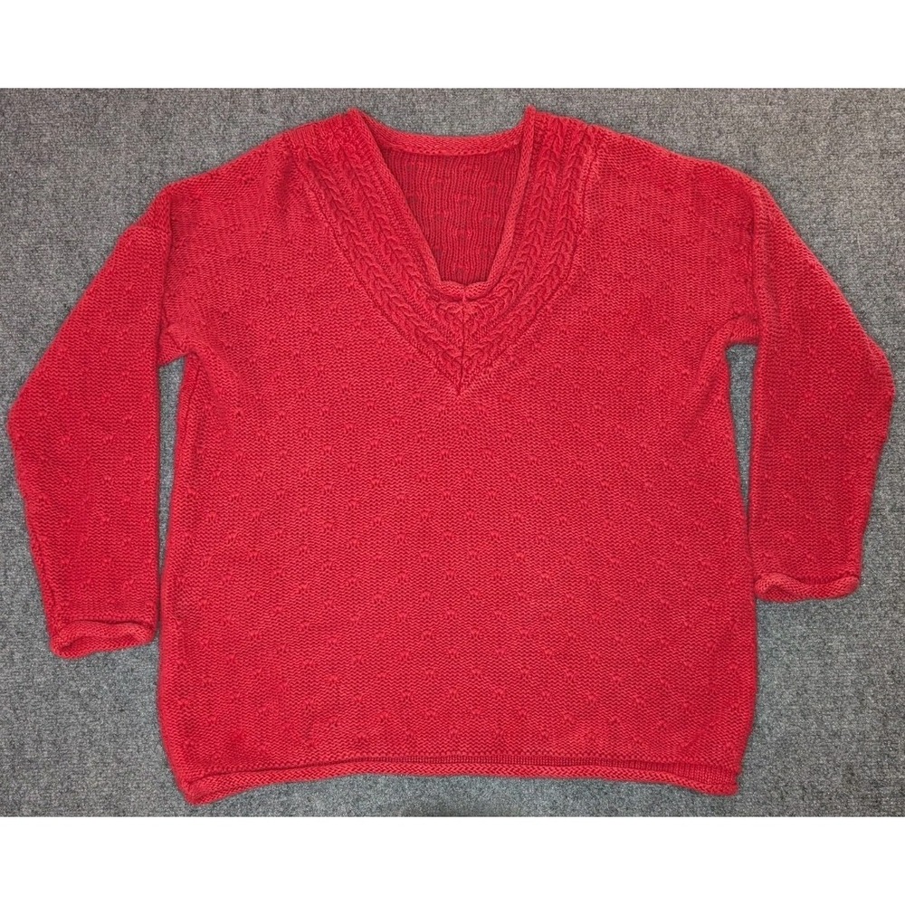 Handmade Red Knit Yarn Long‎ Sleeve Sweater Cable Knit V-neck Women's XL READ